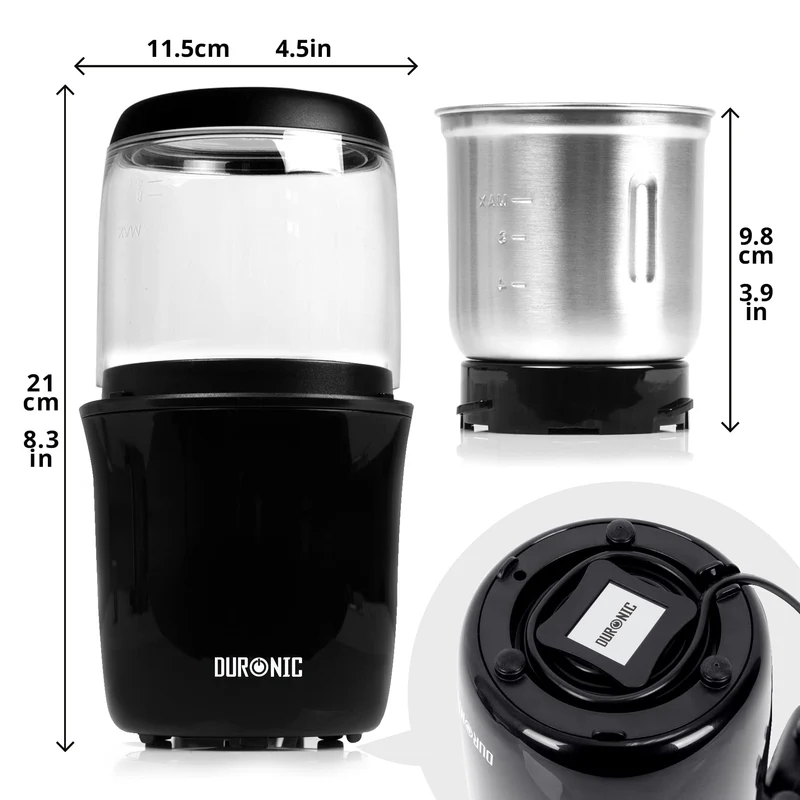 Duronic Electric Coffee Grinder CG250, Spice Grinder Machine, Stainless Steel Blades Grinders, Fast Dry Mini Removable Grinding Mill Pot for Coffee Beans, Nuts, Seeds, Spices, Flax, Black