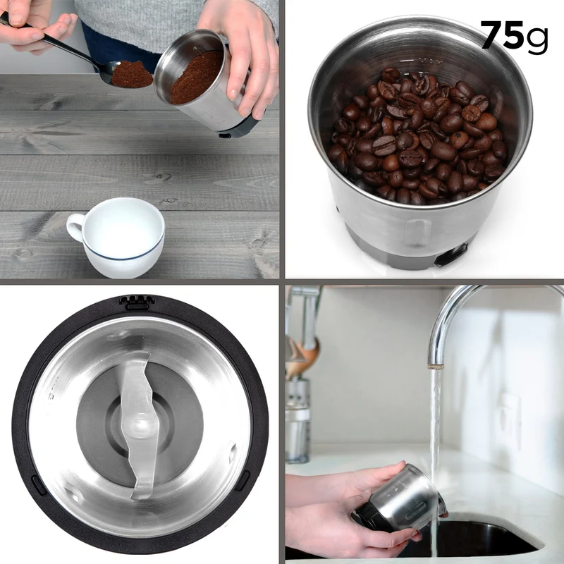 Duronic Electric Coffee Grinder CG250, Spice Grinder Machine, Stainless Steel Blades Grinders, Fast Dry Mini Removable Grinding Mill Pot for Coffee Beans, Nuts, Seeds, Spices, Flax, Black
