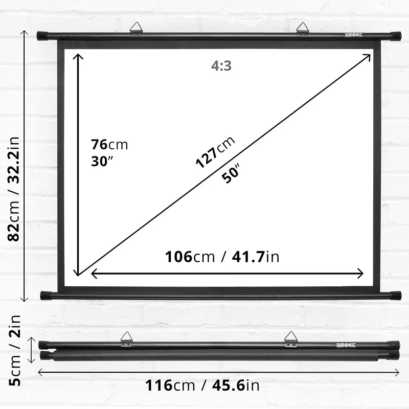 Duronic Bar Projector Screen BPS50 / 43 Wall Mountable 50” Projection Screens for Home Office School Matte White Movie Screen with 4:3 Aspect Ratio for Movie Nights Home Cinemas Office Presentations