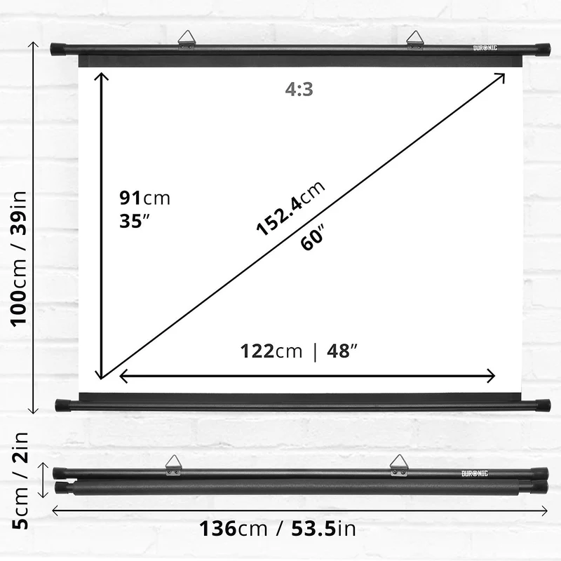 Duronic Bar Projector Screen BPS60 / 43 Wall Mountable 60” Projection Screens for Home Office School Matte White Movie Screen with 4:3 Aspect Ratio for Movie Nights Home Cinemas Office Presentations