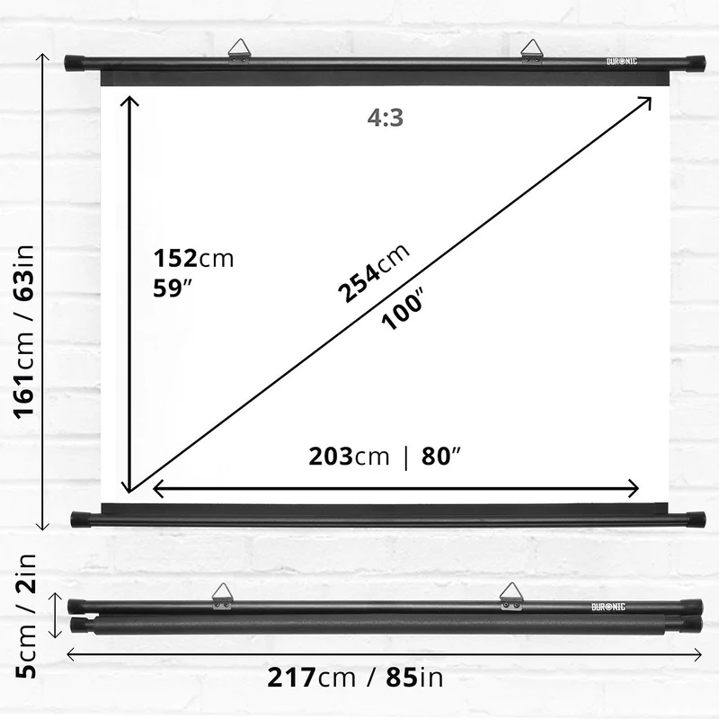 Duronic Bar Projector Screen BPS100 / 43 Wall Mountable 100” Projection Screens for Home Office School Matte White Movie Screen with 4:3 Aspect Ratio for Movie Nights Home Cinemas Office Presentations