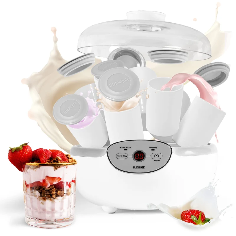 Duronic Yoghurt Makers YM2 Electric Yogurt Maker with Eight 125ml Ceramic Pots Digital Yogurt Making Machine for Homemade Natural Greek Yoghurt 20W Cheese Maker for Healthy Breakfast Protein Snack