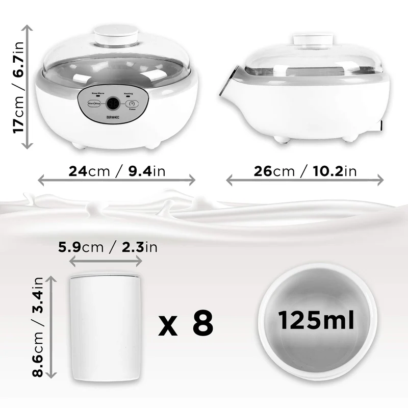 Duronic Yoghurt Makers YM2 Electric Yogurt Maker with Eight 125ml Ceramic Pots Digital Yogurt Making Machine for Homemade Natural Greek Yoghurt 20W Cheese Maker for Healthy Breakfast Protein Snack