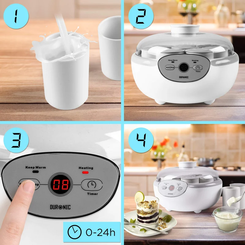 Duronic Yoghurt Makers YM2 Electric Yogurt Maker with Eight 125ml Ceramic Pots Digital Yogurt Making Machine for Homemade Natural Greek Yoghurt 20W Cheese Maker for Healthy Breakfast Protein Snack