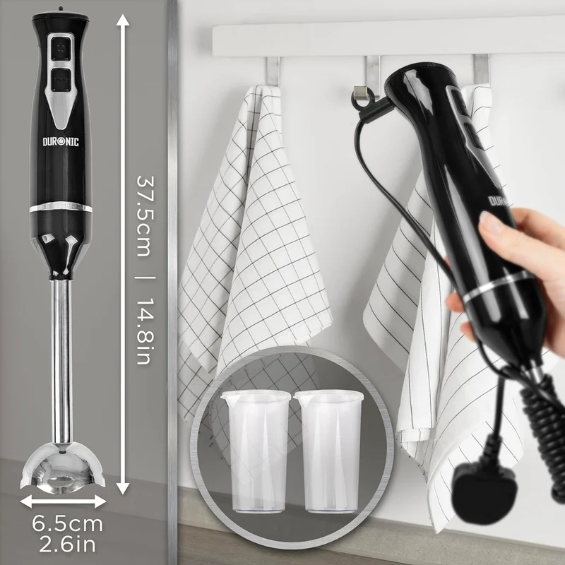 Duronic HB35C Stabmixer elektrisch, Pürierstab 350W, Edelstahl Rührstab mit 2 600ml Mix- & Messbecher, Handrührgerät, Ergonomischer Hand blender, für Babynahrung, Suppe, Smoothies, Püree, Sauce