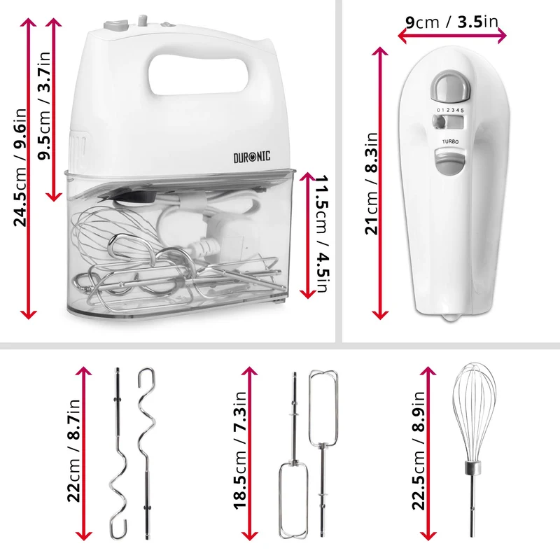 Duronic HM4 WE elektrischer Handmixer 400W, Handrührgerät mit Aufbewahrungsbox, Rührgerät Rührbesen Knethaken Aufbewahrungsbox, Rührmaschine, Küchenmixer, Handrührer, Mixer für Backen, Teig, Weiß