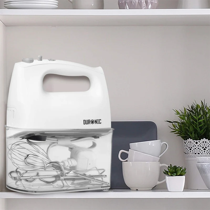Duronic HM4 WE elektrischer Handmixer 400W, Handrührgerät mit Aufbewahrungsbox, Rührgerät Rührbesen Knethaken Aufbewahrungsbox, Rührmaschine, Küchenmixer, Handrührer, Mixer für Backen, Teig, Weiß