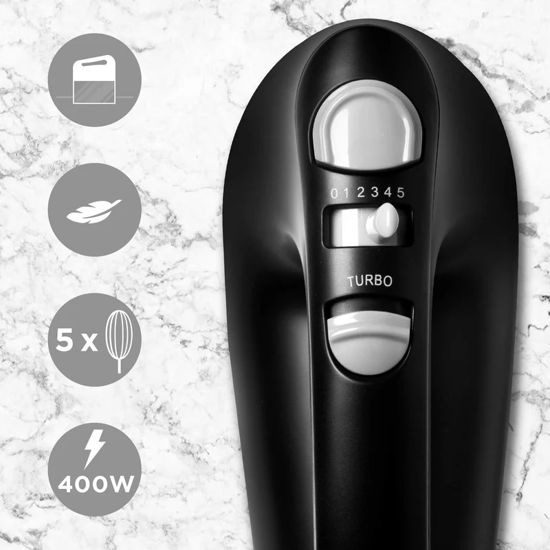 Duronic HM4 BK elektrischer Handmixer 400W, Handrührgerät mit Aufbewahrungsbox, Rührgerät Rührbesen Knethaken Aufbewahrungsbox, Rührmaschine, Küchenmixer, Handrührer, Mixer für Backen, Teig, Schwarz