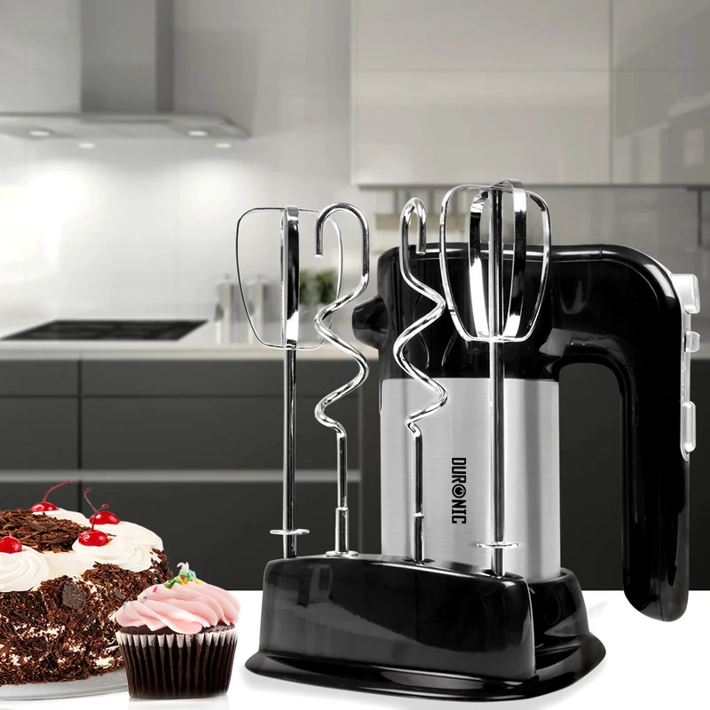 Duronic HM3 elektrischer Handmixer 300W, Handrührgerät mit Basis, Rührgerät 2 Rührbesen 2 Knethaken, Rührmaschine, Küchenmixer, Handrührer, Mixer für Backen, Sahne, Teig, Saucen, Desserts, Mayonnaise