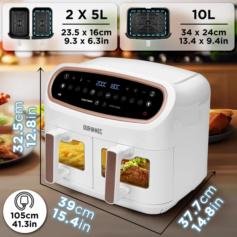 Duronic AF34 WG Heißluftfritteuse mit Sichtfenster | XXL Doppel Air fryer mit 2 Kammern 10 L | 2400 W Dual Zone Air Fryer | HLF mit 10 Programme | Inklusive großer Frittierkorb | Touchscreen Fritteuse