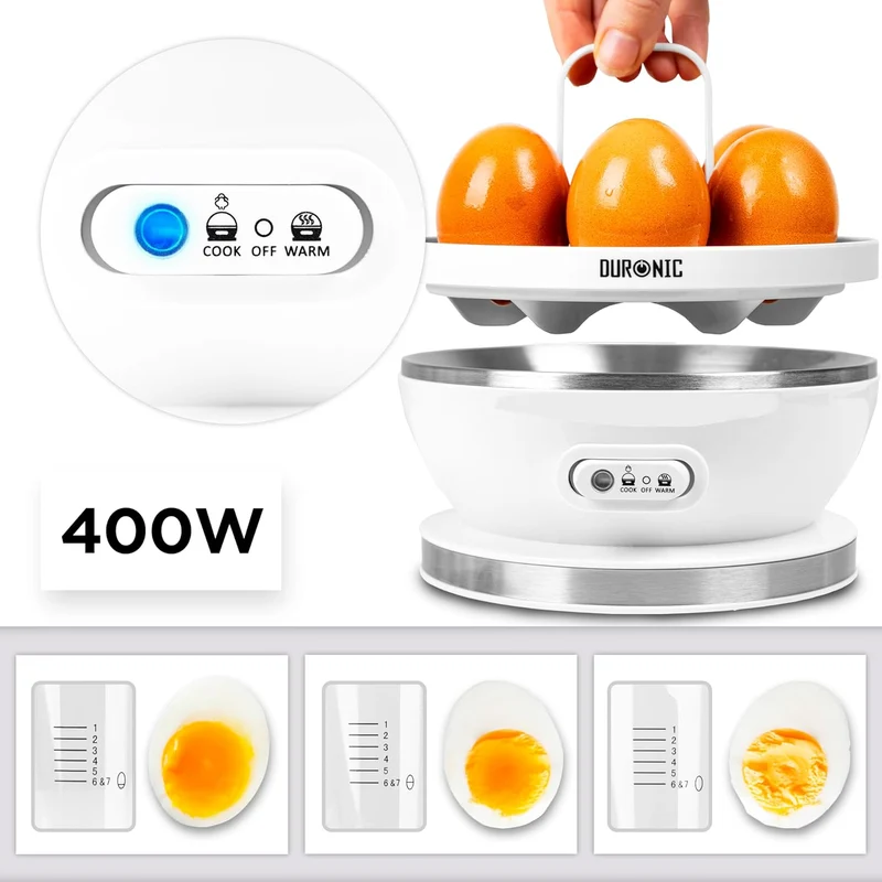 Duronic EB27 WE Eierkocher für bis zu 7 Eier, Elektrischer Egg Boiler 400W Härtegradeinstellung weich, mittel, hart, Timer & Überhitzungsschutz, inkl. Messbecher & Eipick, Perfektes Frühstücksei