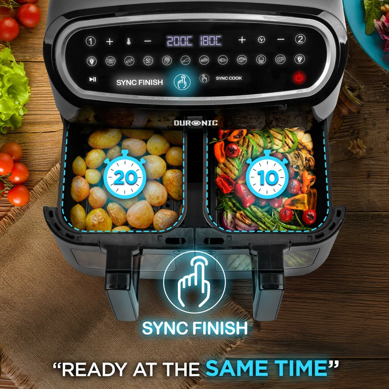 (TWO DRAWER MODEL) Duronic AF24 BK Dual Air Fryer, 10L Large Capacity Digital Air Fryer with Dual Zone Baskets, 10 Cooking Presets, Sync Cook & Finish, 2400W Fast Cooking, Viewing Window, Dishwasher-Safe – Family Size