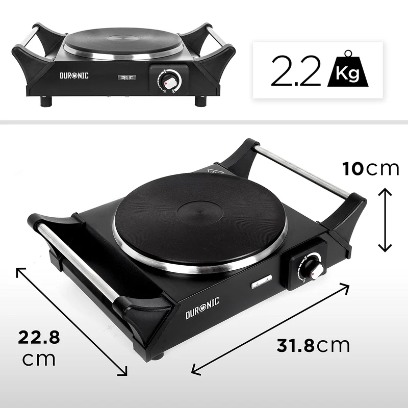 Duronic HP1 BK Herdplatte, Campingkocher mit 1 Kochfeld, Elektro Kochplatte Für Camping, Büro, oder Küche, Doppelkochplatte mit stufenloser Temperatureinstellung, Doppel Kochplatte 1500 Watt
