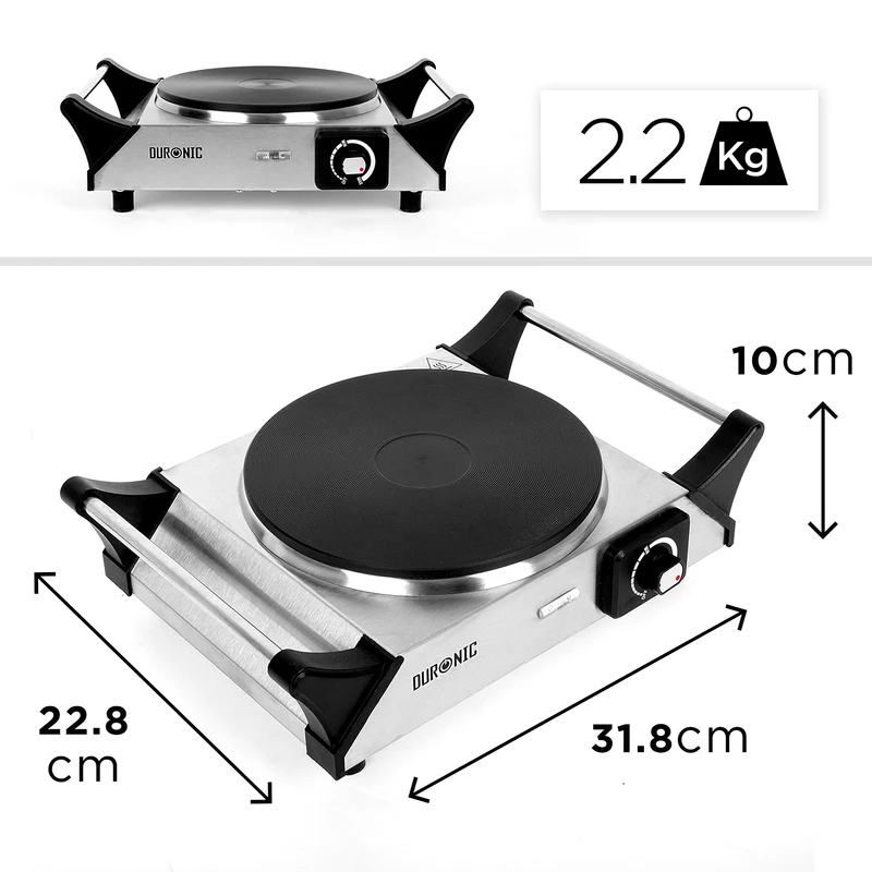 Duronic HP1 SS Herdplatte, Campingkocher mit 1 Kochfeld, Elektro Kochplatte Für Camping, Büro, oder Küche, Doppelkochplatte mit stufenloser Temperatureinstellung, Doppel Kochplatte 1500 Watt