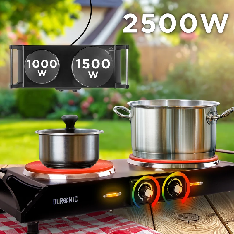 Duronic HP2 BK Doppel Kochplatte, Elektrische Doppelkochplatte mit Griffen 2 Kochfelder stufenlos regelbar, Campingkocher mit Massekochfeld, Tragbare Herdplatte aus Edelstahl für Camping, 2500 W