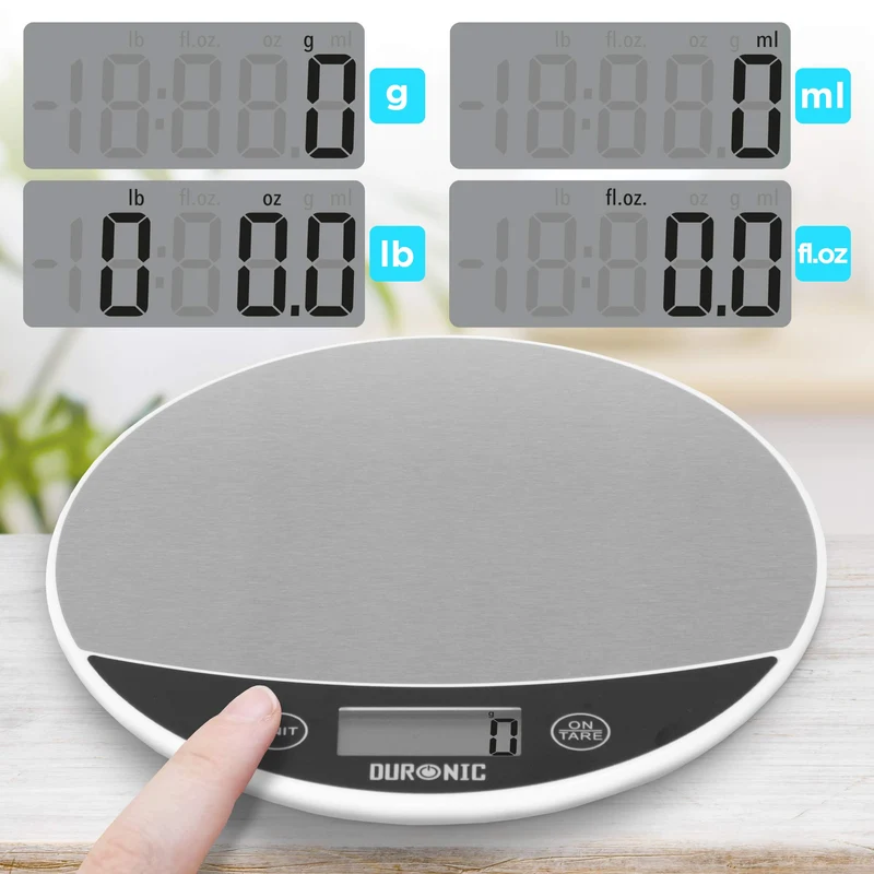 Duronic KS3000 Küchenwaage | 5 kg Digitalwaage rund mit 2 L abnehmbarer Schüssel | 1 g grammgenau Präzision-Feinwaage | Haushaltswaage mit Tara-Funktion | Digitale Waage mit Hold-Funktion | Zum Backen