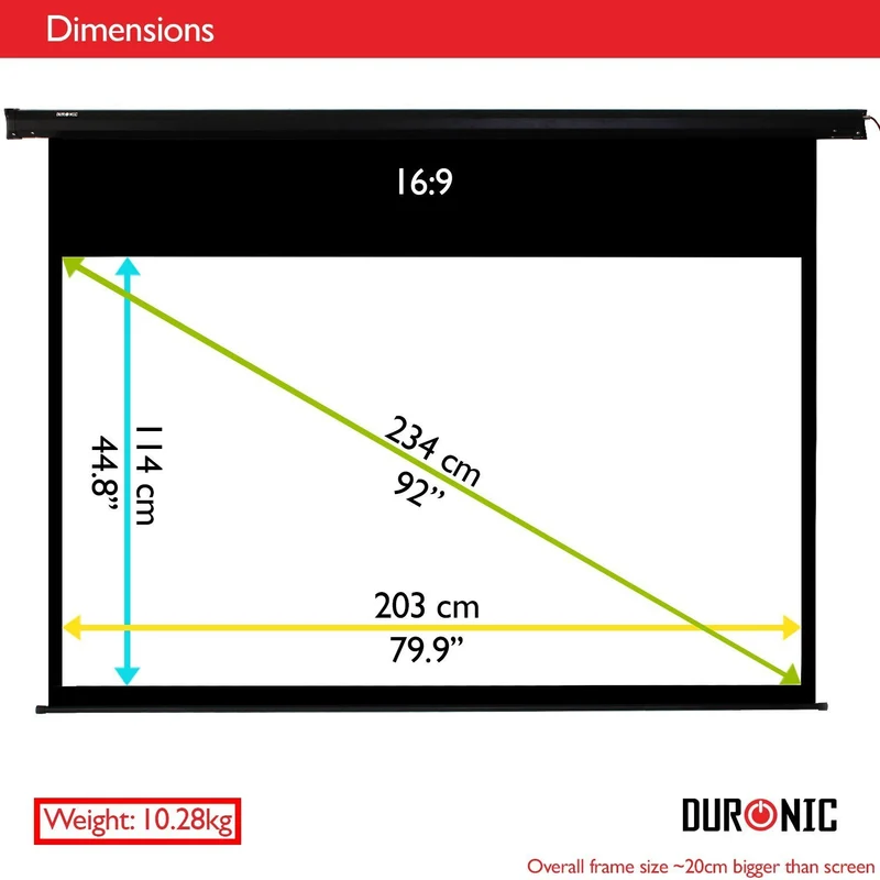Duronic EPS92 Leinwand | 92 Zoll Rollo mit 203 x 114 cm | 16:9 Heimkino mit 4K Full HD 3D | Projektionsleinwand für Decken- und Wandmontage | Gain 1.0 | Beamerleinwand mit Motor für Fernbedienung
