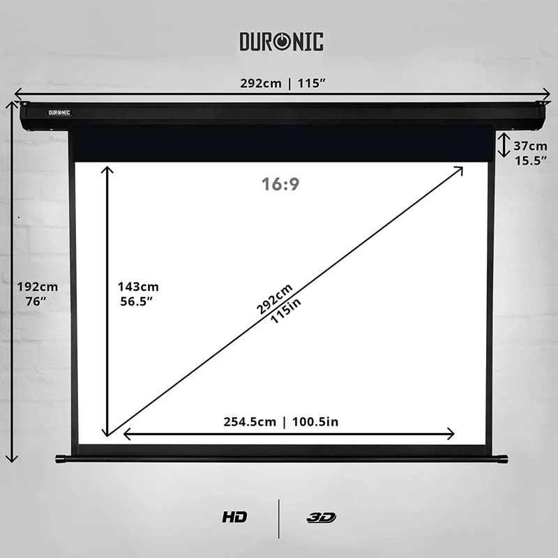 Duronic MPS100 16:9 BK Leinwand | 100" Zoll Breitbild Rolloleinwand 220 x 124 cm | Heimkino mit 4K Full HD 3D | Gain 1.0 | Projektionsleinwand für Decken- und Wandmontage | Beamerleinwand für Büro