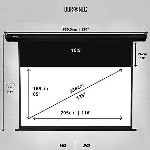 Duronic EPS133 /169 Electric XXL Projector Screens 133” Movie Projection Screen with 16:9 Aspect Ratio Motorised Matte White Screen for Projectors Remote Control Display Screens for Home Cinema Office